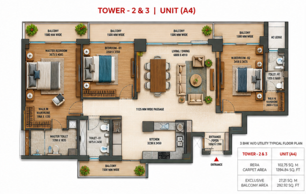 Experion 2 BHK - 901.7 Sq.Ft Layout
