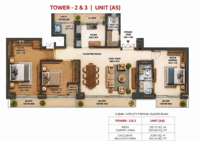 Experion 3 BHK - 1094.84 Sq.Ft Layout