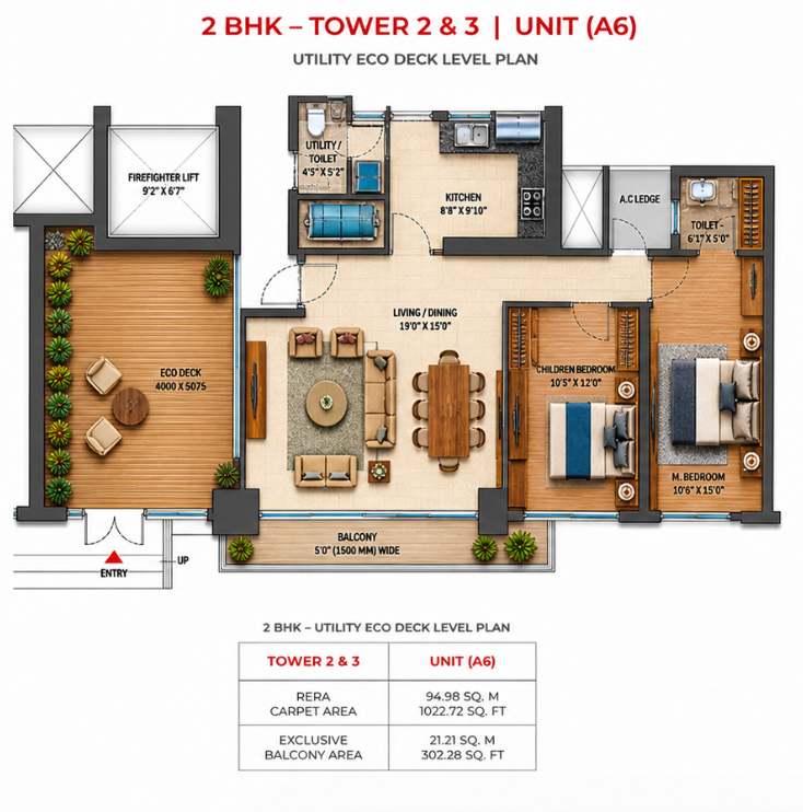 Experion 3 BHK - 1398.93 Sq.Ft Layout