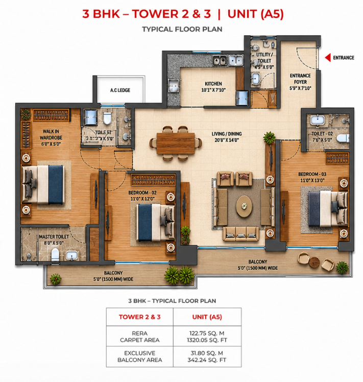 Experion 3 BHK - 1350.05 Sq.Ft Layout