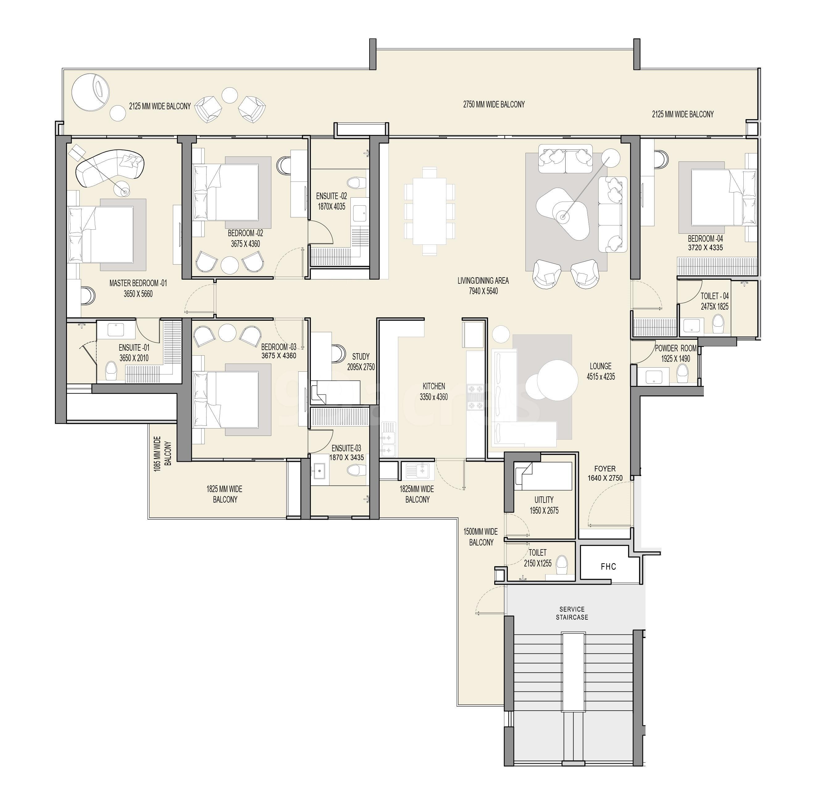 3 BHK Floor Plan (3270 Sq.Ft)